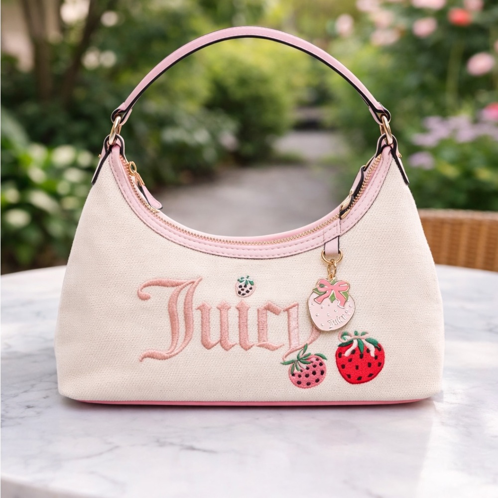 Juicy Couture Cream Canvas Shoulder Bag with Pink Trim & Strawberry Embroidery